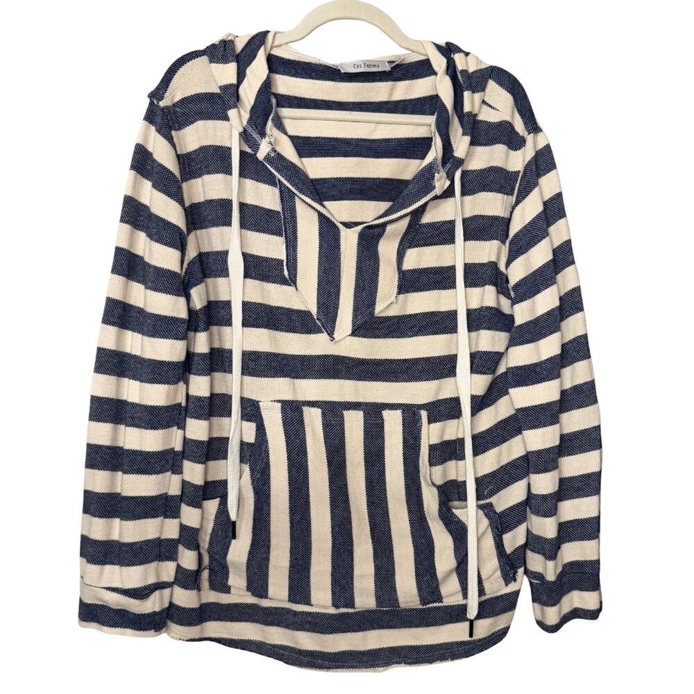 Ces Femme Navy White Striped Baja Hoodie Pullover Kangaroo Pocket - Size M